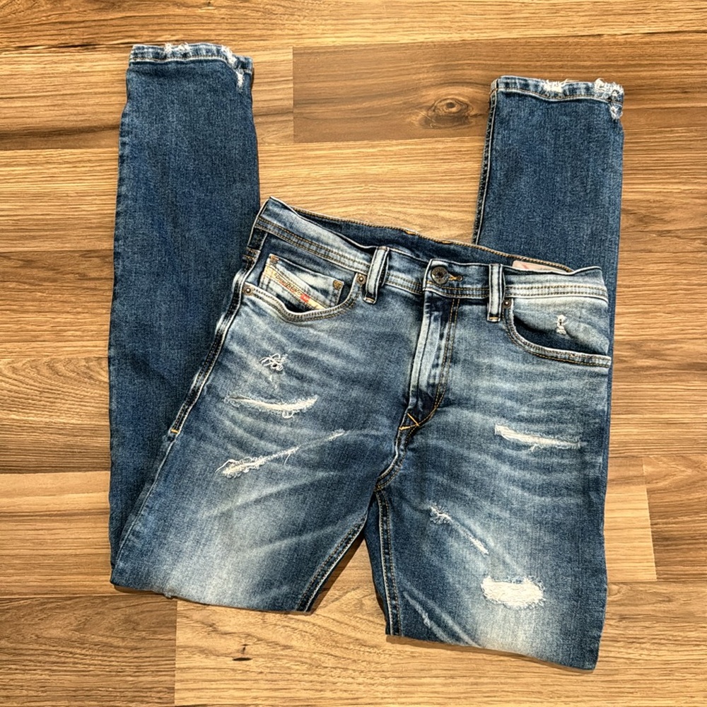 Diesel Distressed Tepphar J Stretch Slim Carrot 5 Pocket Zip Denim Jeans 10Y